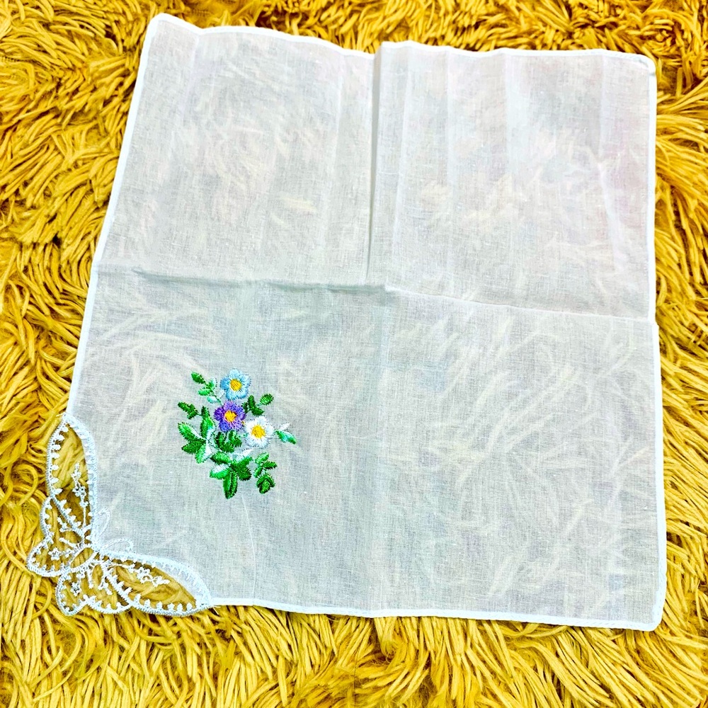 Embroidered Floral lace butterfly linen white  Handkerchief